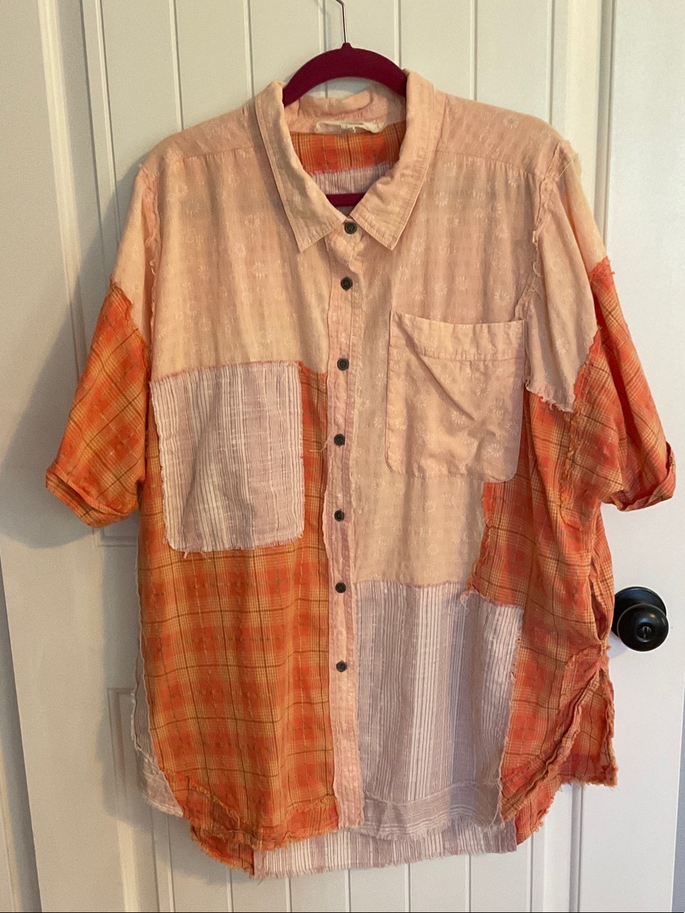 Casual Short-Sleeve Patchwork Button-Down Shirt — Peach & Orange